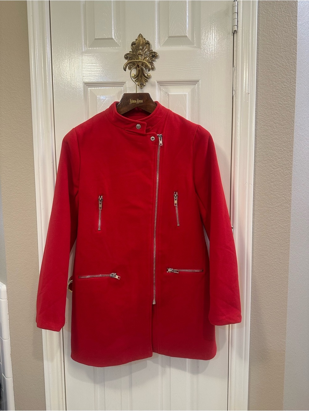 Missguided Red Wool Blend Asymmetric Moto Zip Coat Medium (US 8) Knee Length